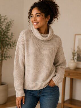 Denver Hayes Beige Cowl Neck Knit Sweater Women's Medium Cozy Pullover